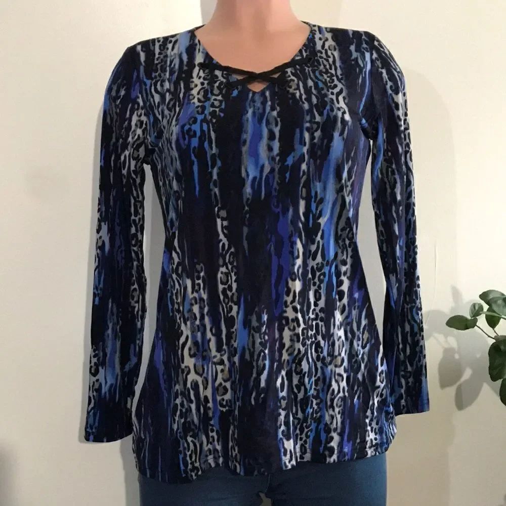 Belle by Kim Gravel Camo Print Top with Ribbon Neck Trim